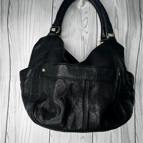 Y2K J.Crew Black Pebbled Soft Leather Slouchy Hobo Shoulder Bag Gold Pockets - Picture 1 of 10